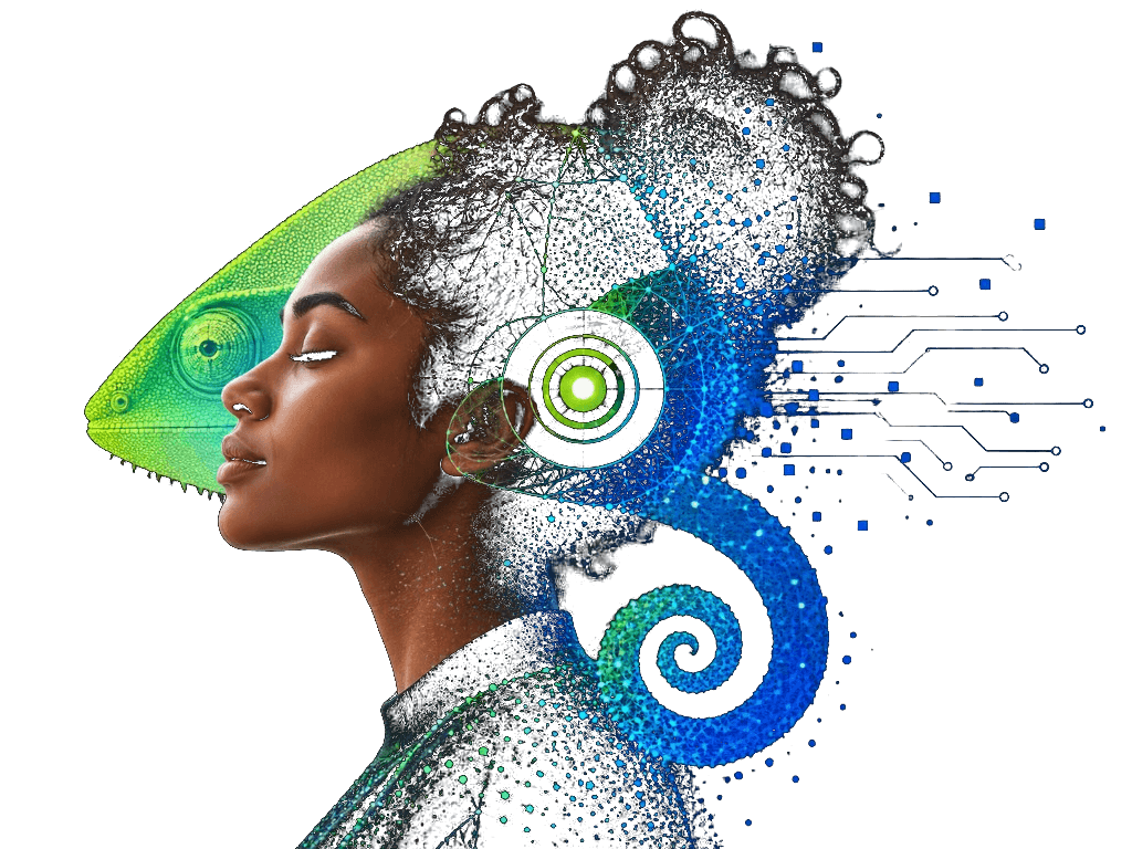 A calm human profile merging with a chameleon of circuit light — humanity and technology in one form.
