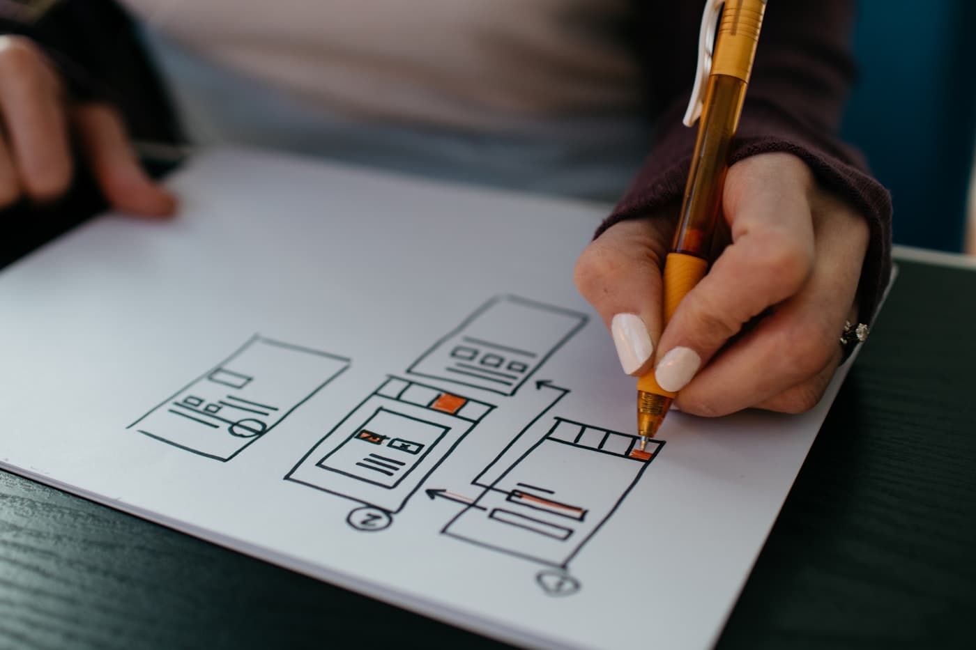 Close crop of design tools and sketched interface work.