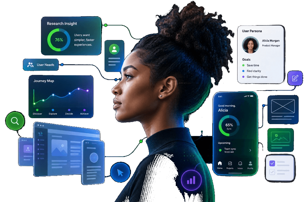 A human profile surrounded by research insights, journey maps, personas and interface fragments — human insight becoming digital experience.