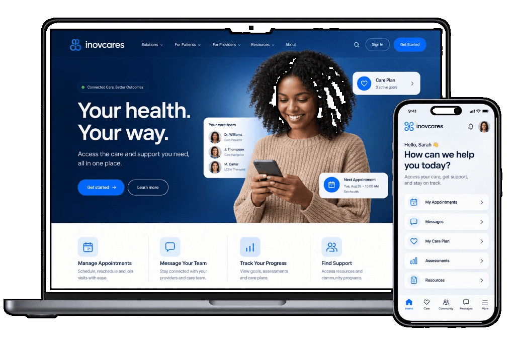 InovCares healthcare digital experience shown on laptop and mobile interfaces.